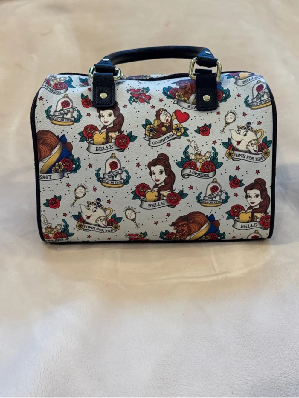 Loungefly Pale Blue Beauty and the Beast Character Print Satchel with Black Trim